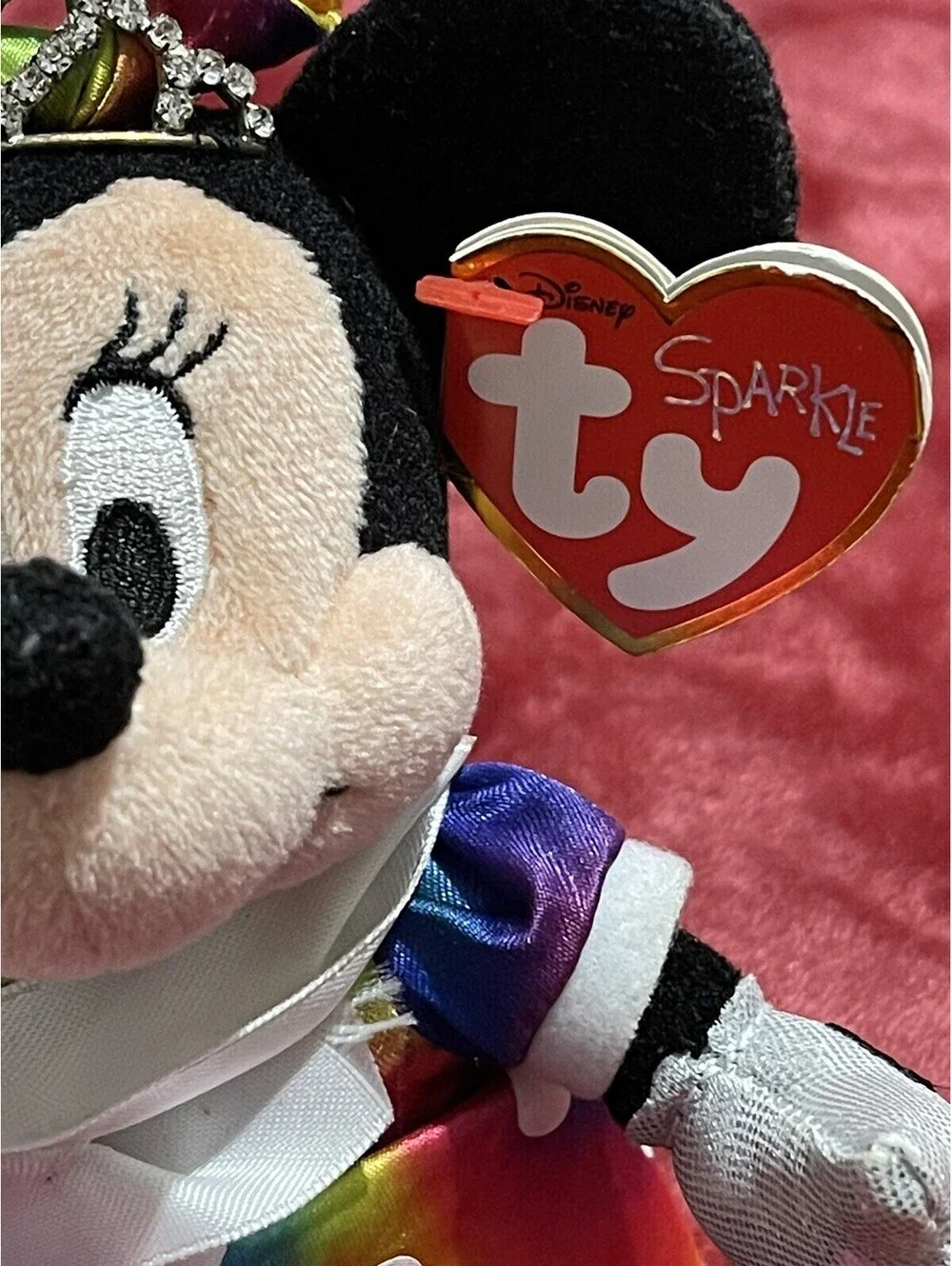 TY Beanie Babies Sparkle Minnie Mouse Disney Plush Rainbow Polka Dot Dress Tags